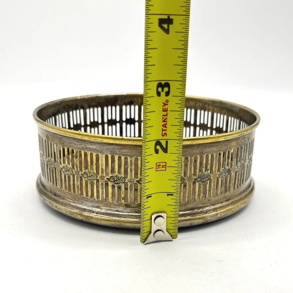 Vintage Brass Tone Pierced Wine Bottle Coaster Wood Base 5.5 Inch Ornate Barware
